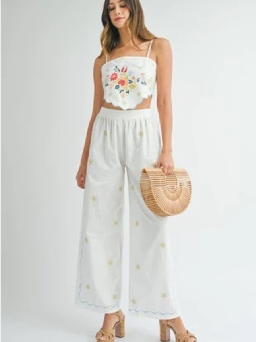 White Embroidered Wide-Leg Pants with Floral Accents